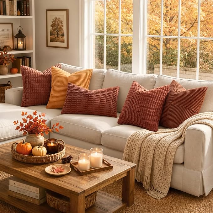 MIULEE Fall Corduroy Decorative Throw Pillow Covers 20x20 Rust Pack of 2 | Terracotta Soft Boho Striped Pillow Covers Modern Farmhouse Autumn Home Decor For Sofa Living Room Couch Bed