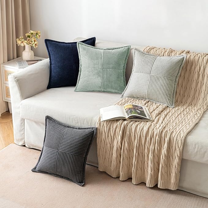 MIULEE Decorative Throw Pillow Covers for Couch 20x20 Inch Greyish Green | Boho Broadside Striped Patchwork Pillow Covers, Soft Corduroy Cushion Cases, For Sofa Bed Livingroom Home Decor