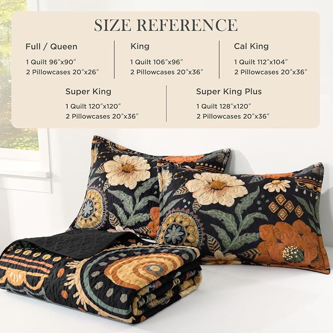 Quilt Queen Size, Black Floral Boho Summer Bedspread 3 Pieces | Brown Flower Botanical Summer Bedspreads with 2 Shams, Reversible Polyester Coverlet Set for All Seasons, 96"x90"
