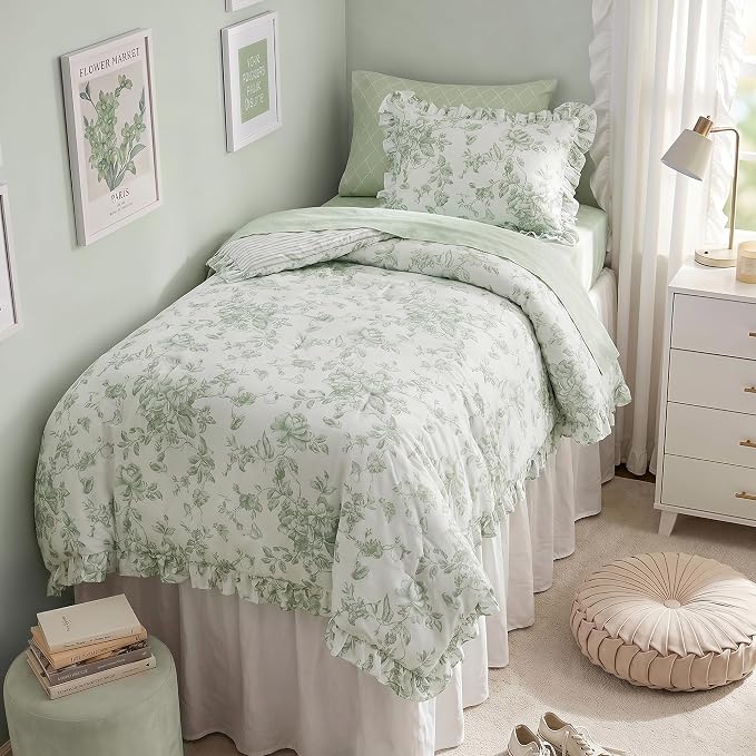 Madison Park Essentials Green Floral Comforter Set with Sheets Twin XL,5pc | Reversible, Elegant College Dorm Bedding, Ruffle Bed in a Bag, All Season, Machine Washable, Wrinkle Resistant, Ultra Soft
