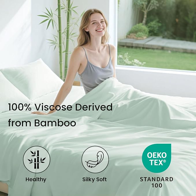 Love's cabin 4 Piece Queen Sheet Set, 100% Rayon Derived from Bamboo, Cooling & Breathable, Soft Silky Deep Pocket up to 16", Hotel Luxury Bedding for Hot Sleepers, Sea Glass