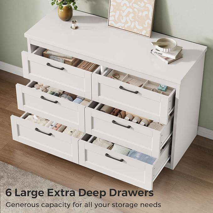 Jocoevol White 6 Drawer Dresser for Bedroom, 47.2" Modern Chest of Drawers | Wooden Storage Dresser with Mental Handle, Large Double Dresser with 5.9" Deep Drawers for Living Room, Hallway Entryway