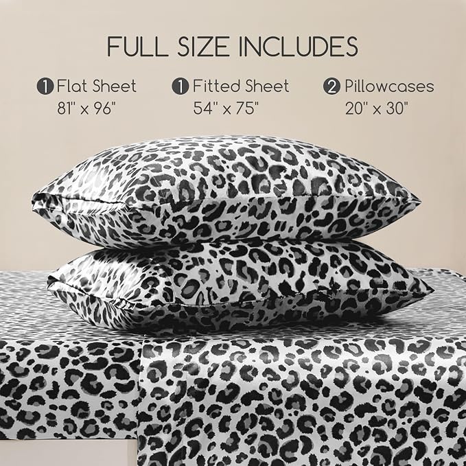 MR&HM Satin Sheets Full Size with Elastic Corner Straps, White Leopard | Similar to Silk, 4-Piece Silky Soft Bed Sheet Set, Gentle on Skin and Hair, 15" Deep Pocket, Cooling & Breathable