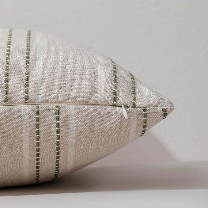 Hckot Sage GreenThrow Pillow Covers 12x20 Lumbar Striped Pillow Covers | Set of 2 Textured Linen Decorative Pillows Christmas Farmhouse Decor Cushion Covers for Couch Bed Living Room Home Decor