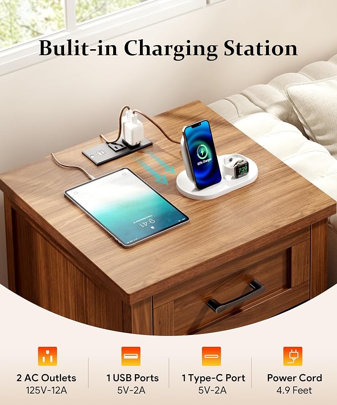Decofy Farmhouse Nightstand with Charging Station & Large Storage, Modern End Tables with Outlets, USB Ports and Type-C Ports, Easy Assembly for Bedroom (Walnut)
