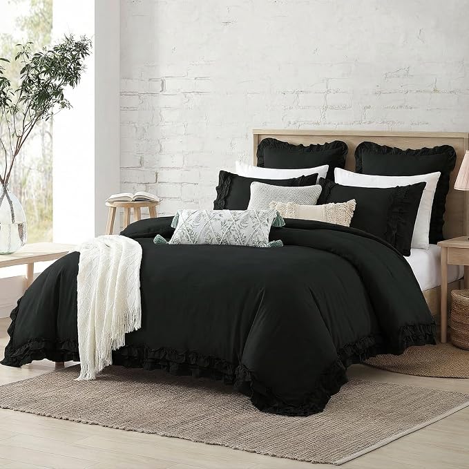 Bedorm Black Duvet Cover King Pleated Ruffled Bedding Set Shabby Chic Lace Ruffle Fringe French Country Room Decor Super Soft Cozy Black Boho Duvet Cover Sets