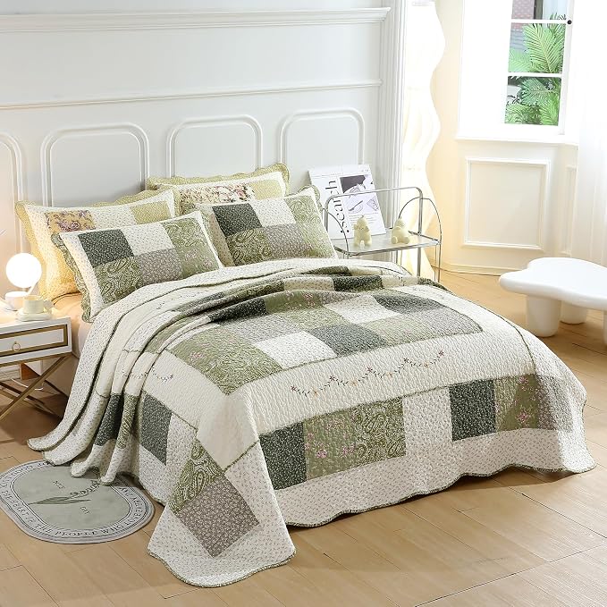 vctops Farmhouse Green 3 Piece Patchwork Quilted Set Floral Embroidery Cotton Bedding Set Lightweight Reversible Bedspread Coverlet 1 Quilt + 2 Pillow Shams (Green Floral,91"x98")