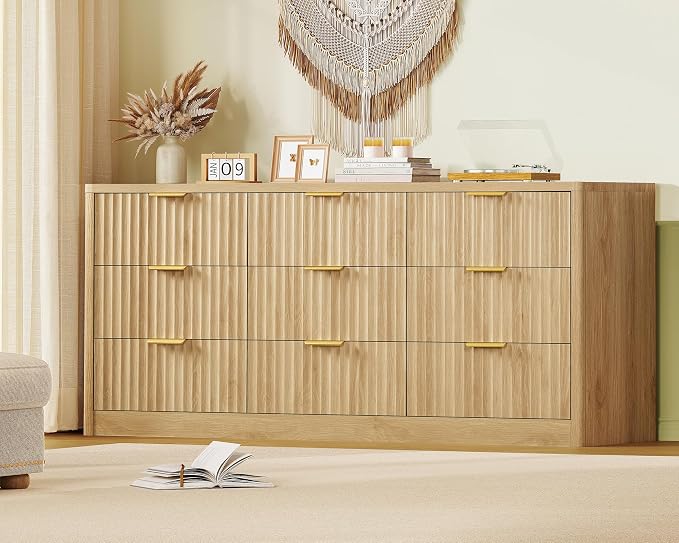 63" Dresser for Bedroom with 9 Drawers, Modern Dressers & Chest of Drawers with Metal Handles, Fluted Dresser, Wood Closet Clothes Storage Organizer for Living Room, Hallway, Natural