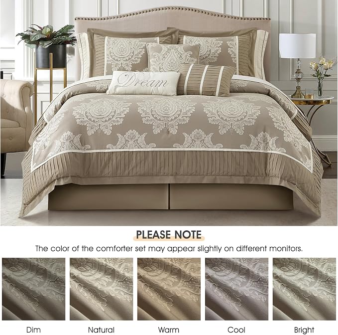 Beige Queen Comforter Set, 15 Pieces, Damask Jacquard Woven, Bedding Set with Sheets, Room in a Bag, Comforter, Bed Skirt, Pillow Shams and Decor Pillows, Curtains