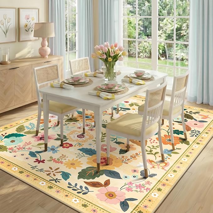 RELEANY Floral Washable 9x12 Area Rugs Yellow/Orange | Flower Carpet, Print, Boho, Non-Slip, Easy to Clean, Soft, Low Pile for Living Room Bedroom Kitchen Office Entryway Hallway