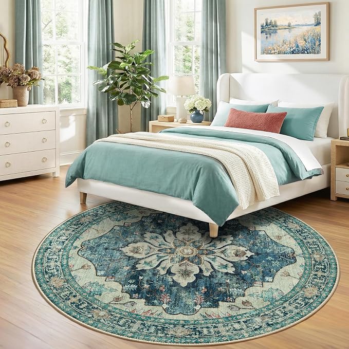 RELEANY Washable Area Rug, Round 8ft, Blue/Vintage Dark Blue | Non-Slip, Water Repellent, Pet Friendly, Easy to Clean, Vintage Floral Boho Decor for Living Room Bedroom Dining Room