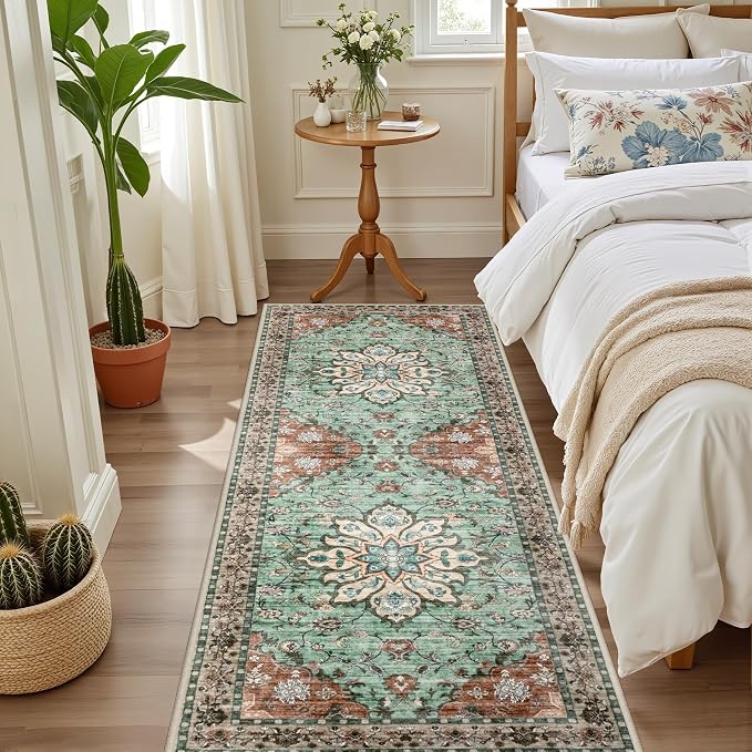 Hallway Runner Rug: 2.6x8 Kitchen Rugs for Living Room Brown Green | Runner Rug Hallway Washable Rug No Slip Soft Bedroom Rug Indoor Floor Stain Resistant Carpets for Entryway, Laundry, Bathroom