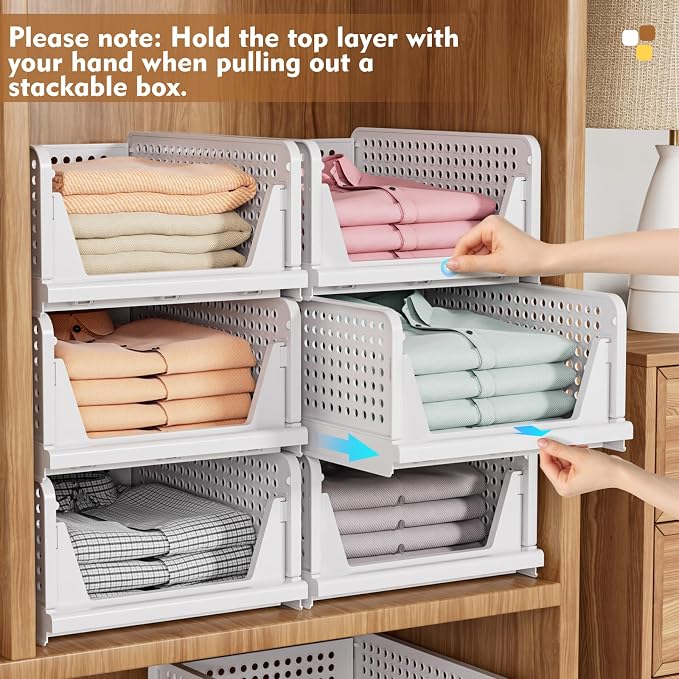 8 Pack Closet Organizers and Storage, Stackable & Foldable Closet Bins | Closet Storage Basket for Bathroom, Kitchen, Laundry Room, Drawer Shelf & Wardrobe Storage, Space-Saving Design, White