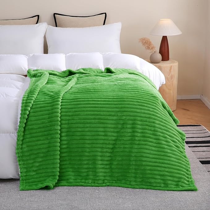 Bright Green Fleece Throw Blanket 50”×60” for Couch Sofa Livingroom | Super Soft Cozy Plush Microfiber Flannel Bed Blanket Striped Design Lightweight Home Decor Gifts for Adults Mom Women
