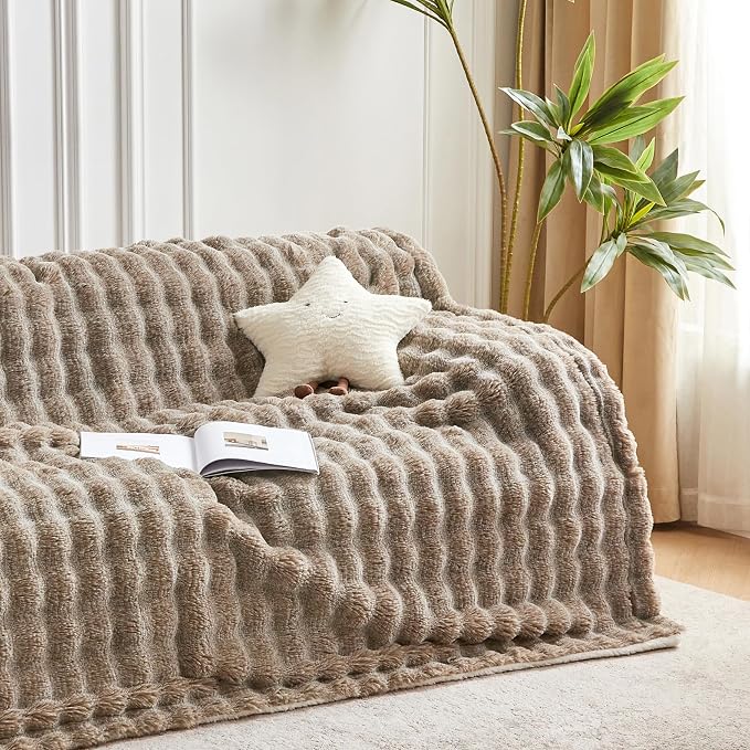60x80 Inches Ultra-Soft Fuzzy Faux Fur Plush Twin Size Blanket - Thick, Warm Sherpa for Couch, Sofa, Bedroom, Camping - Decorative Blanket for Cozy Warmth, Bubble Dark Brown