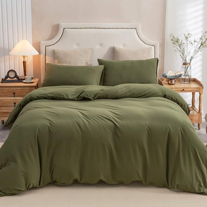 PURE ERA Jersey Knit Sheet Set Solid Olive Green California King | 100% Cotton, 3 Piece Set, T Shirt Soft, Breathable, Envelope Closure Pillowcases, Hidden Zipper, 8 Ties, No Insert, Modern