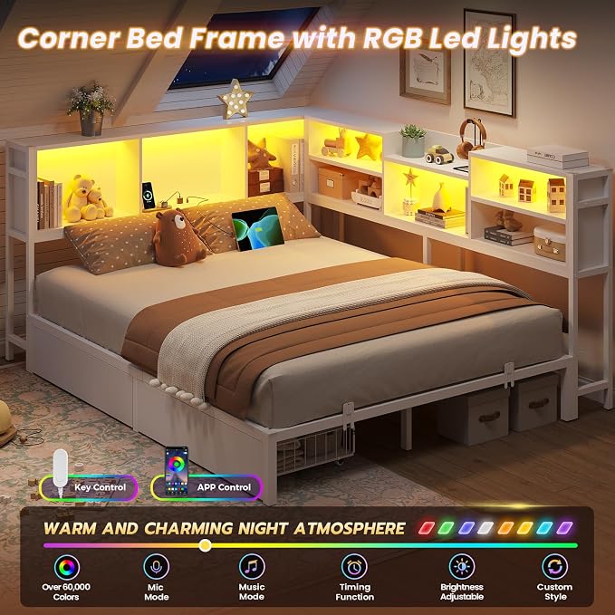 DICTAC Queen Corner Bed Frame with Storage Bookcase and 2 Drawers,Platform Corner Bed Frame Queen Size with LED Lights & Charging Station,Metal Daybed for Teens/Adult with Storage,Saving Space,White
