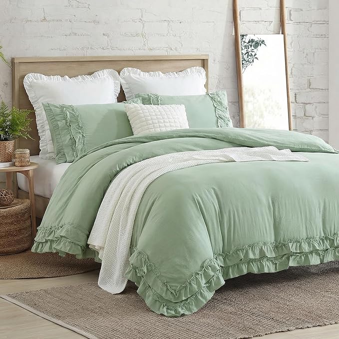Bedorm Sage Green Ruffled Duvet Cover King Size Bedding Set Pleated Lace Ruffle Shabby Chic Bedroom Decor Extra Soft Cozy Farmhouse Country Style Duvet Cover Sets
