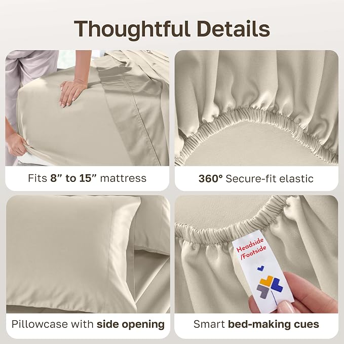 California Design Den 100% Cotton Sateen Twin Size Sheets, 3 Pcs Set, Beige | Soft 500 Thread Count Backed by Good Housekeeping Seal, All-Around Elastic, Durable, Easy Care, OEKO-TEX certified