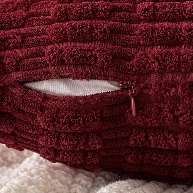 MIULEE Corduroy Decorative Throw Pillow Covers 18x18 Burgundy Pack of 2 | Soft Boho Striped Pillow Covers Modern Farmhouse Home Decor For Sofa Living Room Couch Bed