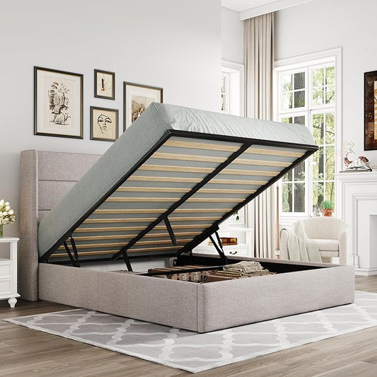 Allewie Full Size Lift Up Hydraulic Storage Bed Frame Light Beige | Modern Wingback Headboard, Hydraulic Support Storage, No Box Spring Needed