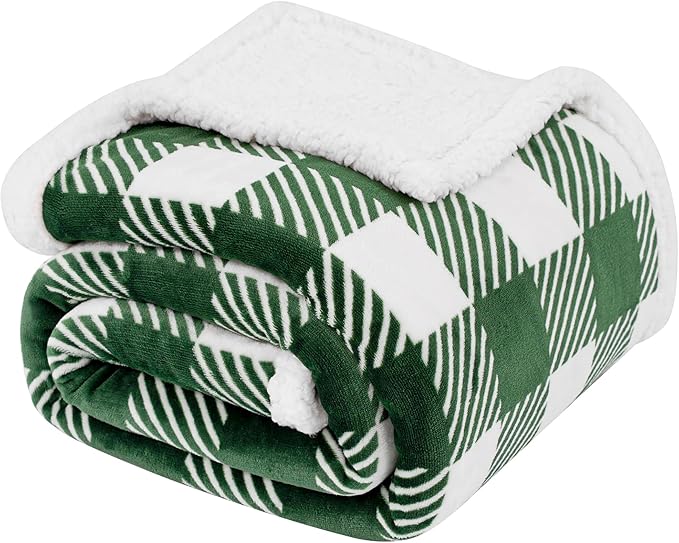 Sherpa Plaid Twin Blanket 60" X 70", Fuzzy Fluffy Soft Cozy Throw Blanket, Twin Size Plush Fleece Flannel Plush Microfiber Blanket for Couch Bed Sofa (GreenWhite)