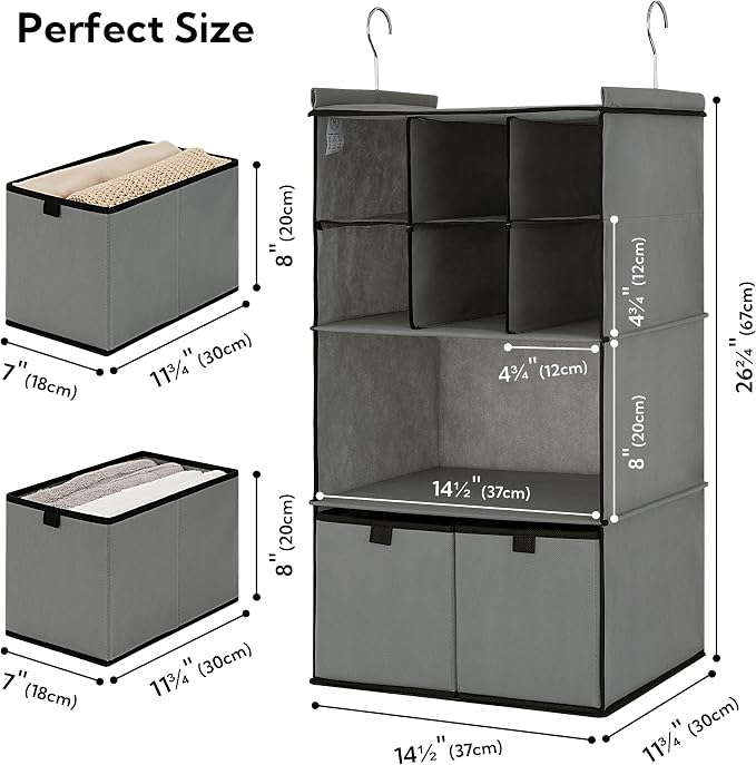 GRANNY SAYS 4-Shelf Hanging Closet Organizer with Drawer, Foldable Storage | Dividers Closet Hanging Organizer, No-Sag Support, Keeps Clothes Neat, Folds Flat, Fits RV, Dorm & Small Closets, Grey