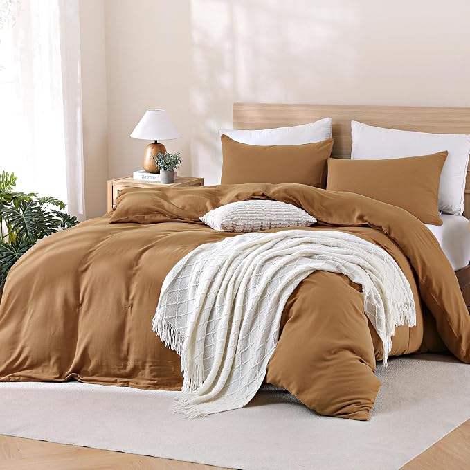 TOCOMOA 100% Muslin Cotton Duvet Cover Set, Burnt Orange, Queen | Linen-Like Texture. Ultra Soft, Breathable, Comfy & Lightweight Fall Bedding Set with Zipper & 8 Ties. 3 Pcs, No Insert
