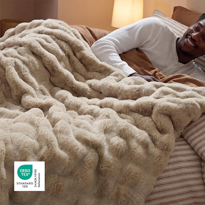 Bedsure GentleSoft Bubble Faux Fur King Size Blanket for Bed, Fluffy Fuzzy King Blanket for Winter, Soft Cozy Faux Fur Bedding Thick Warm Plush Decor for Bedroom, Beige, 104x90