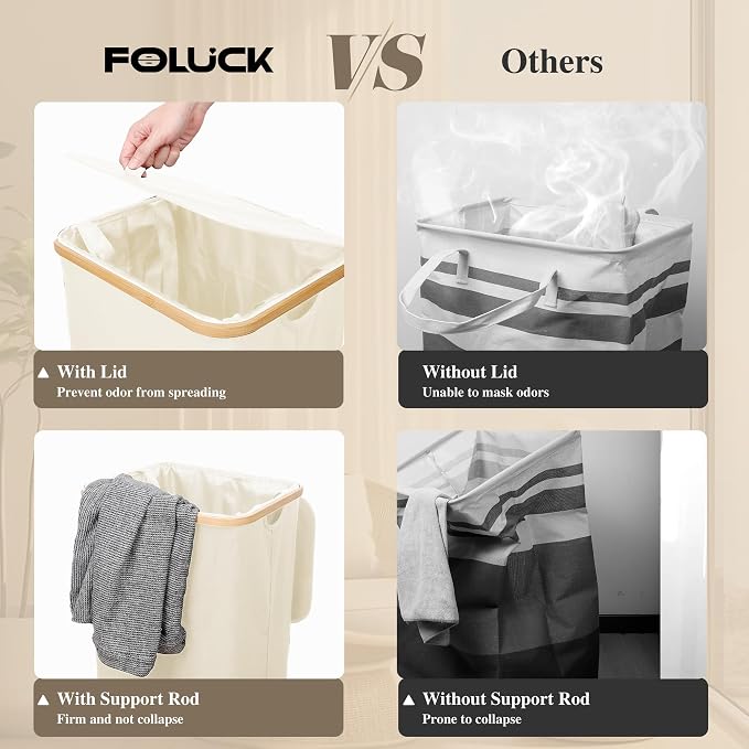 Foluck Large Laundry Hamper, 75L Waterproof Laundry Basket with Lid and Removable Bag, Collapsible Tall Clothes Hamper with Bamboo Handles for Clothes Toys in Dorm Bedroom Bathroom, Beige, ZYL201-W