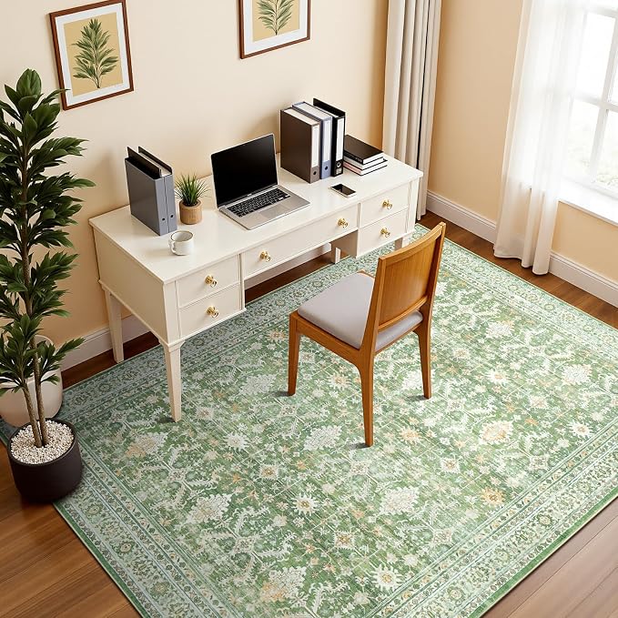 6x9 Area Rugs for Living Room, Washable Large Carpet, Light Green | Soft Rug for Bedroom, Dining Room, Home Office, Indoor, Nursery, Stain Resistant, Non-Slip, Low Pile,Vintage Distressed Rug