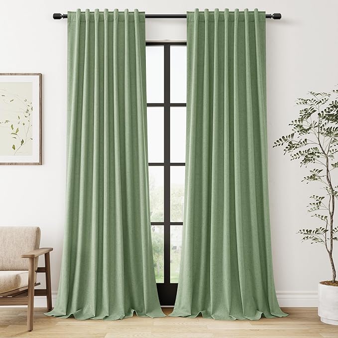 100% Blackout Linen Curtains 84 Inch Length 2 Panels Set for Living Room Bedroom Back Tab Thermal Insulated Black Out Linen Drapes Room Darkening Window Curtains 84 Inches Long,Light Sage