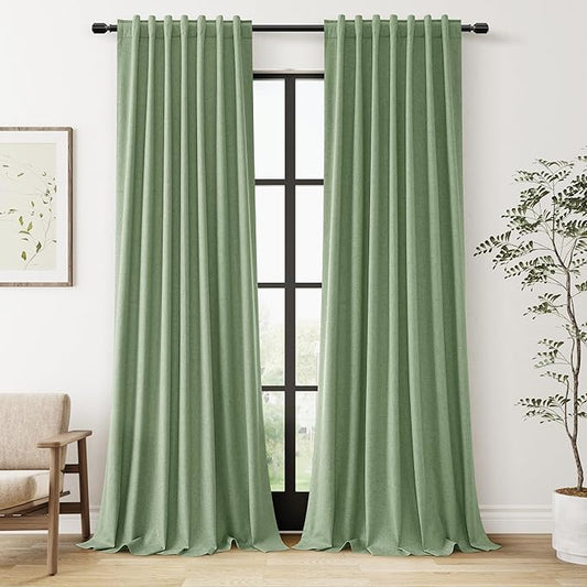 100% Blackout Linen Curtains 100 Inch Length 2 Panels Set for Living Room Bedroom Back Tab Thermal Insulated Black Out Linen Drapes Room Darkening Window Curtains,Light Sage