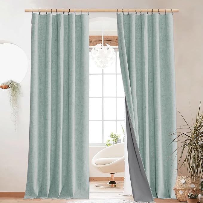 NICETOWN 100% Blackout Linen Curtains 95 inches Long 2 PCs, Seafoam Green | Cozy Bedroom Curtains for Studio Nap Time, Noise Reducing, Privacy Protection, Thermal Insulated, W52" x L95" per Panel