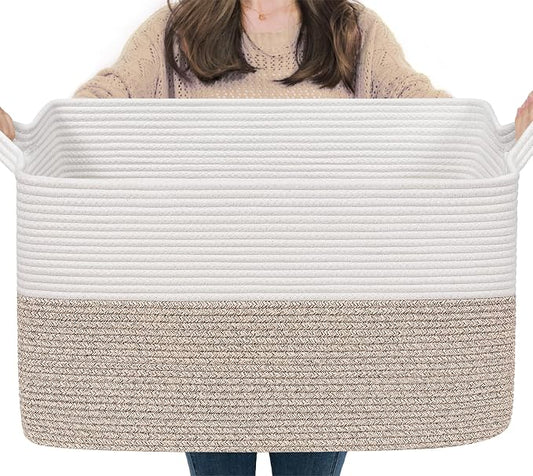 Goodpick 75L Extra Large Woven Blanket Basket, 22" x 17" x 12", Light Brown | Decorative Storage Basket for Blankets, Pillows & Toys, Cotton Rope Basket for Living Room & Bedroom, Stylish Home Decor