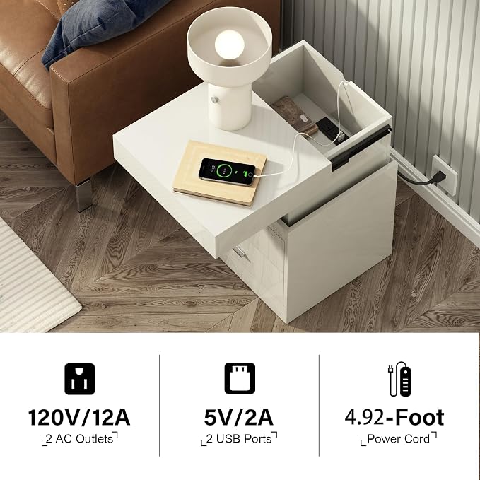 ChooChoo LED Nightstand Set of 2,Smart Night Standwith Charging Station and Sliding Top Storage, White | Sliding Top Storage, 2-Drawers, High Gloss Bedside Table, Modern End Table, Bedroom,White
