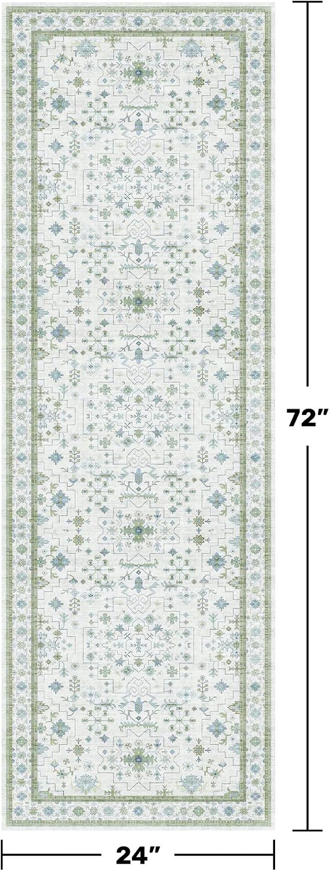 Washable Oushak 2x6 Bathroom Runner Rug, Eclectic Boho Floral Pastel, Non Slip Low Pile Stain Resistant Small Throw Rug for Bedroom, Laundry Room, Powder Room, Cream Green