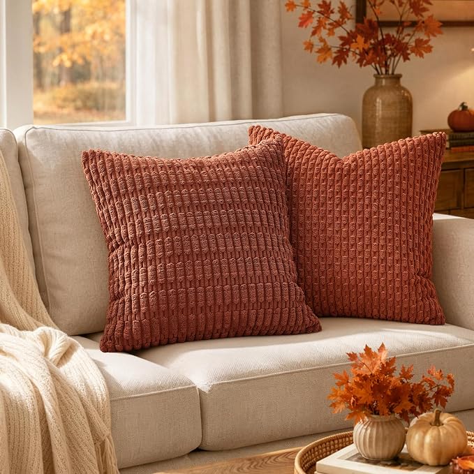 MIULEE Fall Decorative Throw Pillow Covers 18x18 Dark Rust Pack of 2 | Terracotta Soft Corduroy Boho Striped Pillow Covers Modern Farmhouse Autumn Home Decor For Sofa Living Room Couch Bed
