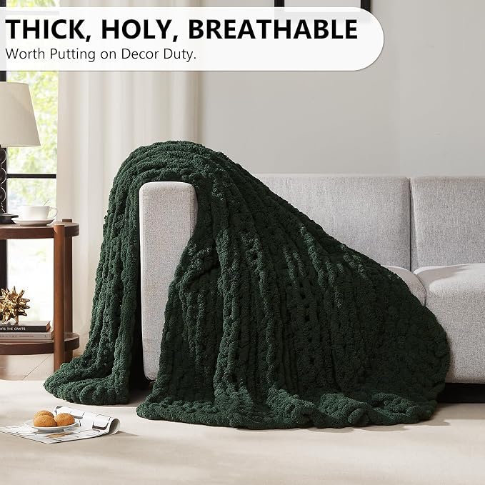 L'AGRATY Chunky Knit Throw Blanket for Couch, 72 x 84 Inches, Olive Green | Handmade Chenille Crochet Blanket for Sofa Bed, Thick Cable Knitted Blankets for Room Home Decor, Birthday Gift for Women Mom
