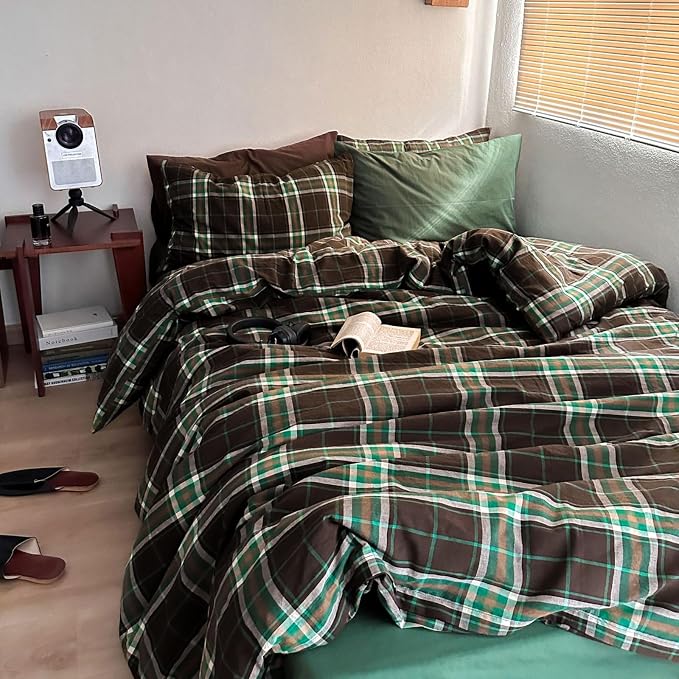 LifeTB Brown Green Plaid Comforter Set Full Size, 3 Pieces Vintage Checkered Pattern Comforter Buffalo Plaid Gingham Comforter Set with 2 Pillowcases, Soft Farmhouse Grid Bedding Set for All Seasons