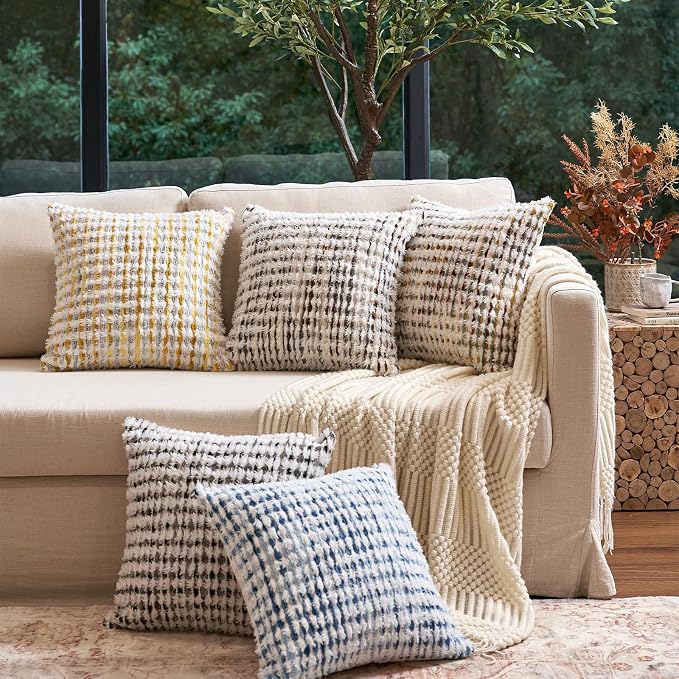 Aeckself Boho Chenille Tufted Pillow Cover 18x18 Inch, Decorative Square Throw Pillow Cover Neutral Pillowcase for Couch Bedroom Living Room, Blue White