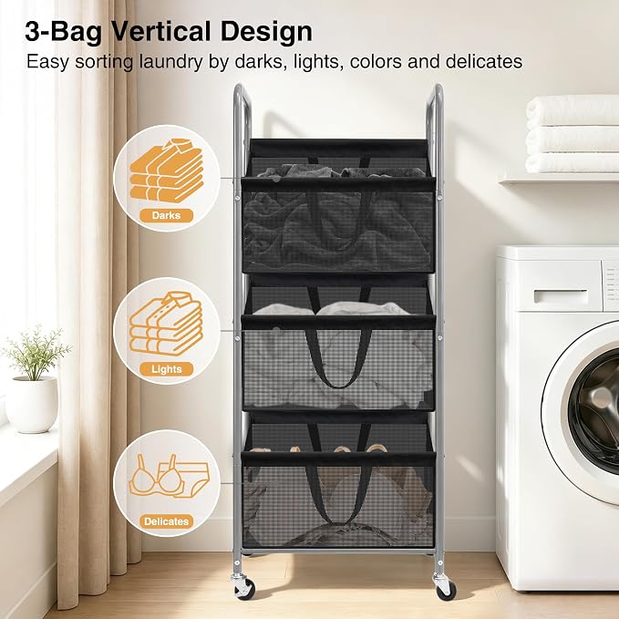 STO STO 3-Tier Vertical Rolling Laundry Hamper, Removable Bags, Black Mesh | 120L Capacity, Space-Saving Vertical Design, Rust-Resistant Steel Frame, Lockable Wheels, Ideal for Apartments & Small Spaces