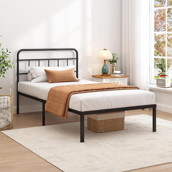 Twin Bed Frame with Classic Headboard, Black | Strong Metal Slats Support,Under Bed Storage Space,No Box Spring Needed,Easy to Assemble