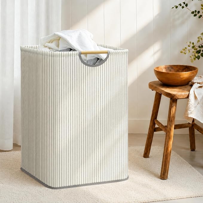 STORAGE MANIAC 2-Pack Large Laundry Hamper, 100L (26.4 Gal) Collapsible Laundry Basket with Bamboo Handles, Freestanding Waterproof Clothes Hamper for Laundry Room, Bedroom, Dorm, Towels, Stripe