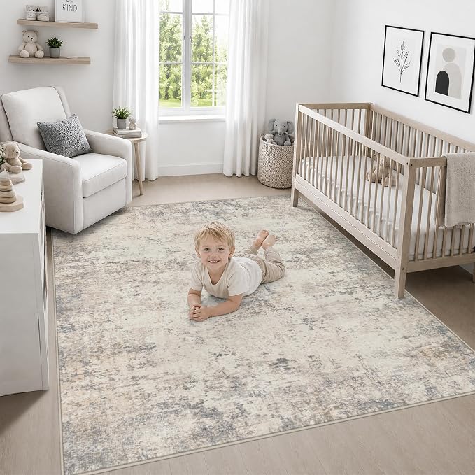 Area Rug Living Room: 4x4 Modern Washable Soft Carpet Brown Beige | For Bedroom Dining Room Farmhouse Nursery Hallway Office,Modern Abstract,Machine washable,Non-Slip,Stain Resistant,Indoor