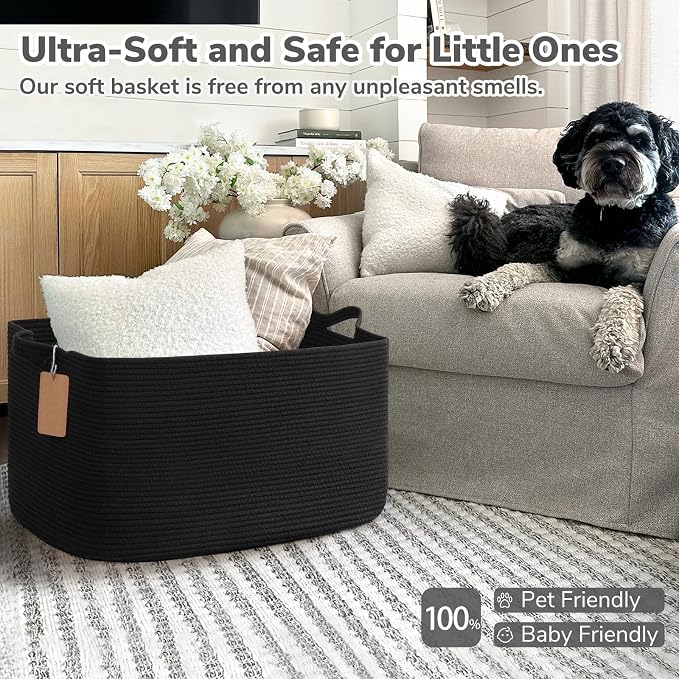 Goodpick 75L Extra Large Woven Rope Blanket Basket, Rectangle, Black | 22" × 17" × 12" Decorative Storage Basket for Pillows, Toys & Clothes, Fits Bedroom & Nursery Organization, Writable Label