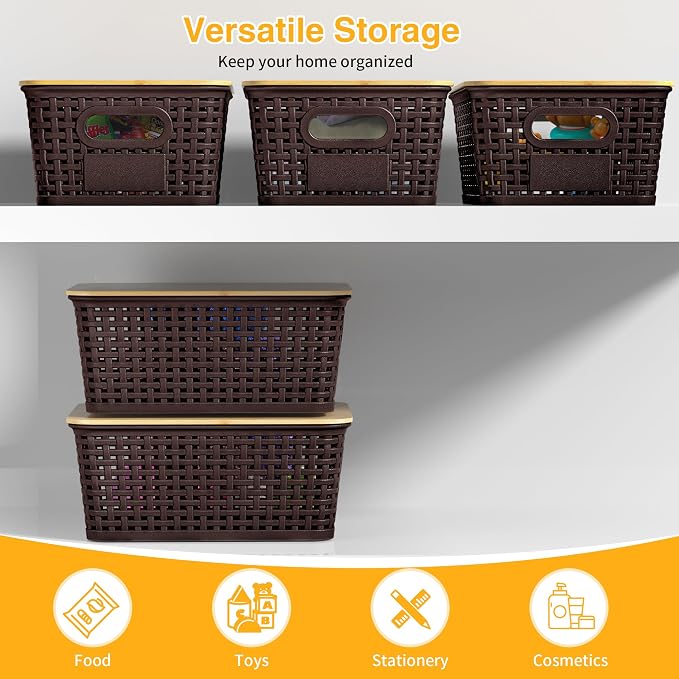 6 Pack Plastic Storage Baskets,Brown bamboo lid storage Box | Labels, Stackable, For Organizing Shelves Pantry Drawers Desktop Closets Organizing Desktop Closet Playroom Classroom