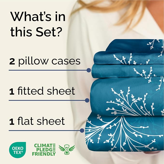 King 4 Piece Floral Sheet Set - Soft, Breathable & Cooling - Sea Spray | 1 Flat, 1 Fitted & 2 Pillowcases w/ Deep Pockets, Boho Botanical Floral Bedding, Breathable & Cooling, Wrinkle & Fade Free