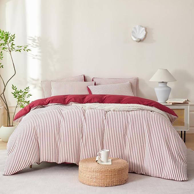 Comforter Set King Size Brick Red Striped Soft Luxury Washed Microfiber Jacquard 3 Pieces White Brick Red Vertical Ticking Stripes Pattern Comforter with 2 Pillowcases Breathable Durable Comfy