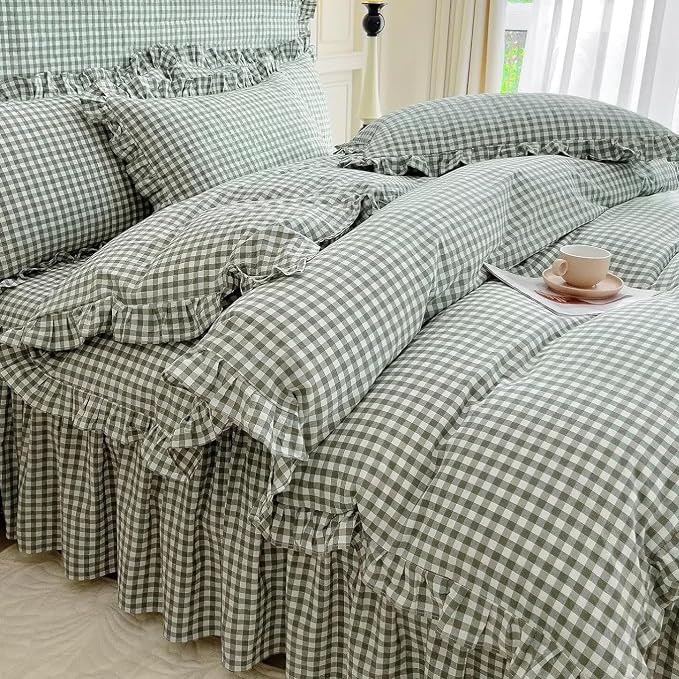 LifeTB Queen Comforter Set Green Gingham Comforter Vintage Ruffle Checkered Pattern Comforter Set Chic Grid Plaid Bedding Comforter Lightweight Fluffy Soft Gingham Bedding Set Queen Breathable